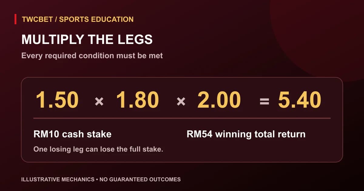 Accumulator diagram linking three separate legs with odds 1.50, 1.80 and 2.00 into combined decimal odds of 5.40