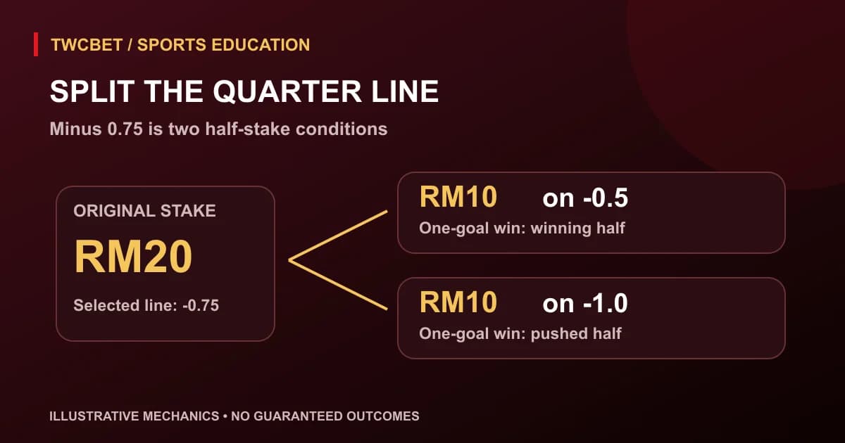 Asian handicap diagram showing a RM20 stake split into RM10 on minus 0.5 and RM10 on minus 1.0