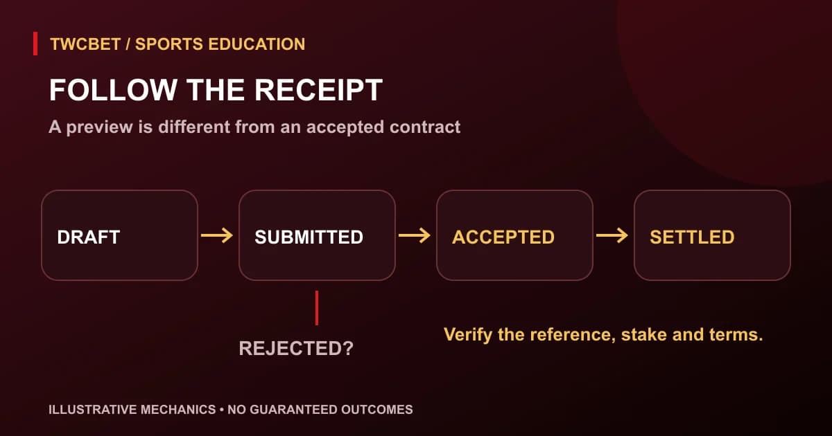 Bet receipt lifecycle diagram moving from draft to submitted, accepted and settled, with a separate rejected-request branch